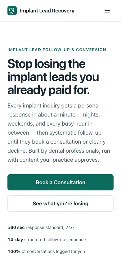 Implant Lead Recovery homepage after the rebuild — mobile view